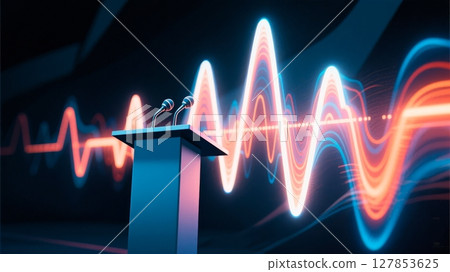Abstract Political Speech, Dynamic Sound Waves, Persuasion, and Public Influence. Ideal for communication studies, leadership training, and media impact. 127853625
