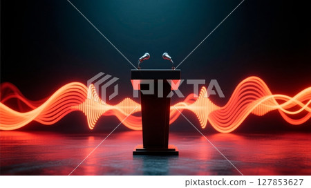 Abstract Political Speech, Dynamic Sound Waves, Persuasion, and Public Influence. Ideal for communication studies, leadership training, and media impact. Abstract Political Speech, Dynamic Sound Waves, Persuasion, and Public Influence. Ideal for communication studies, leadership training, and media impact. 127853627