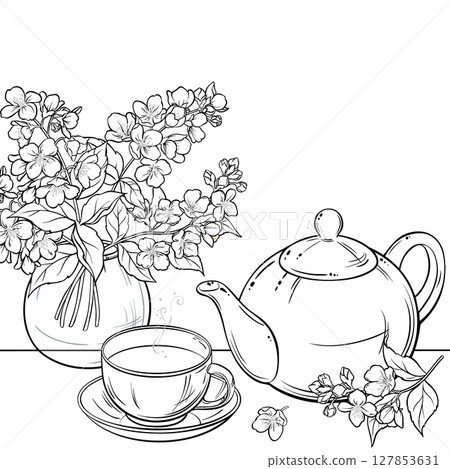 Cup of Jasmine Tea and Jasmine Flowers. Aroma Beverage in a Teapot Outline Illustration Cup of Jasmine Tea and Jasmine Flowers. Aroma Beverage in a Teapot Outline Illustration 127853631