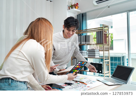 Asian business creative team work together, mobile application software design project. Brainstorm meeting, internet technology 127853973