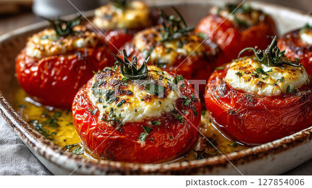 Stuffed tomatoes baked to perfection in a rustic dish at sunset 127854006