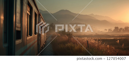 Sunset journey on a train through a tranquil rural landscape 127854007