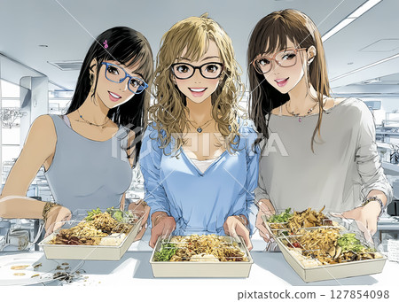 一位女士正在享用一頓飯的插圖素材 127854098