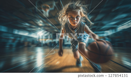 Energetic young girl dribbles basketball with determination on the court 127854131