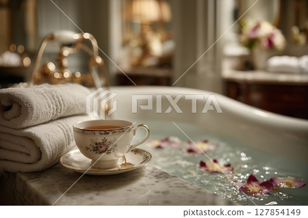 Luxurious hotel bathroom with elegant bathtub filled with milky water Luxurious hotel bathroom with elegant bathtub filled with milky water 127854149