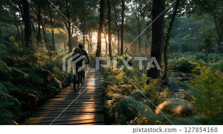 Cyclist enjoys a serene ride on a wooden eco-path through lush greenery 127854168