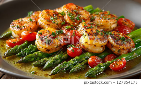 Garlic shrimp on fresh asparagus with vibrant tomatoes 127854173