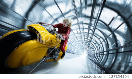Thrilling ride on a sleek motorcycle through a futuristic tunnel 127854304