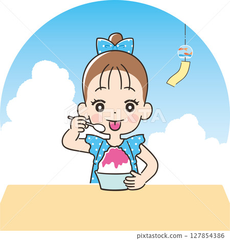 A girl with a colored tongue after eating shaved ice 127854386