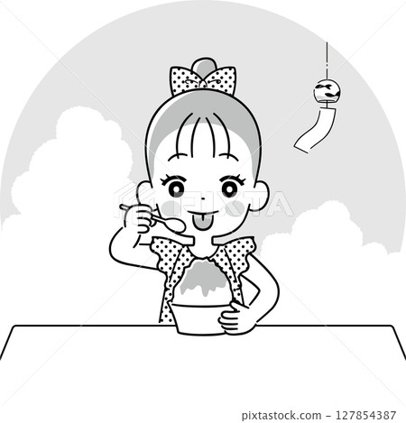 Girl with colored tongue after eating shaved ice, monochrome 127854387