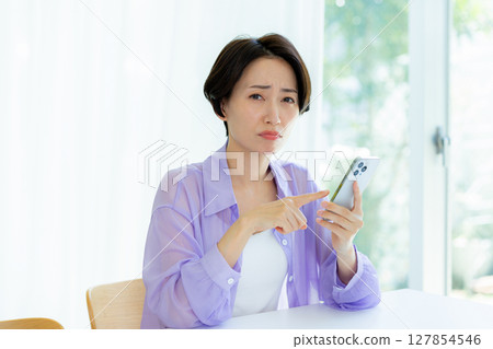 A woman thinking with a smartphone A woman thinking with a smartphone 127854546