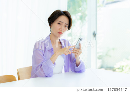 A woman thinking with a smartphone 127854547