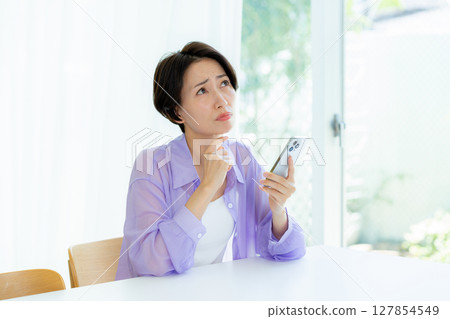 A woman thinking with a smartphone A woman thinking with a smartphone 127854549