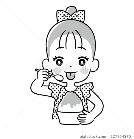 Girl with colored tongue after eating shaved ice, monochrome 127854570