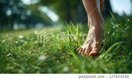 Bare feet walking on lush green grass evoke sense of freedom and tranquility 127854588