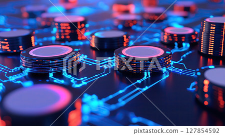 Stacks of digital quantum disks connected by glowing blue streams create futuristic cutting edge cloud computing 127854592