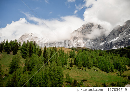 Dramatic Dachstein mountain peaks with lush green valley and clouds in Austria 127854749