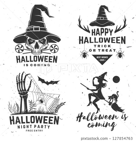 Set of Halloween is coming design. Vector illustration. For holiday Halloween design, shirt, logo, badge, decorations, cards, banner with werewolf, skull hand sticking, flying witch on a broomstick 127854763