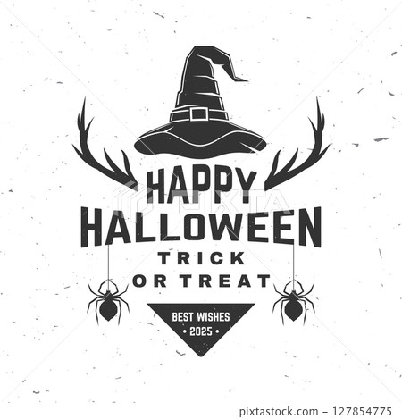 Happy Halloween. Trick or treat design. Vector illustration. For holiday Halloween design, shirt, logo, badge, decorations, cards, banner with wizard hat, spiders and horns silhouette. 127854775