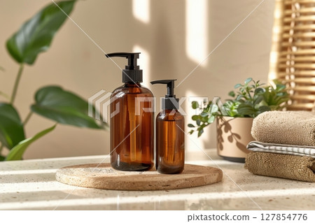 Mockup Bottle pump of face serum on beige background 127854776