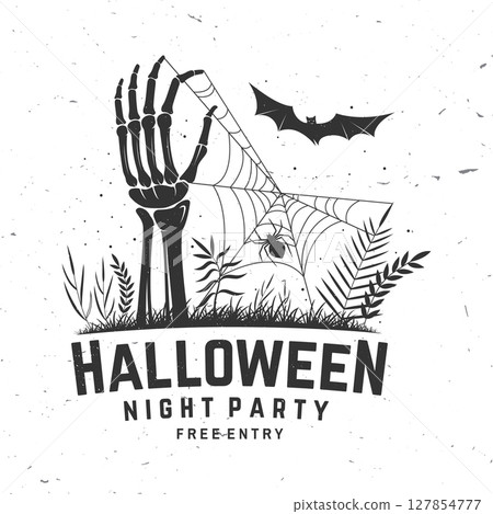 Halloween night party design. Vector illustration. For holiday Halloween design, shirt, logo, badge, decorations, cards, banner with skull hand sticking out of grave silhouette. 127854777
