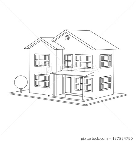 3D suburban house model. Drawing of the modern building. Cottage project on white background. Vector illustration. 127854790