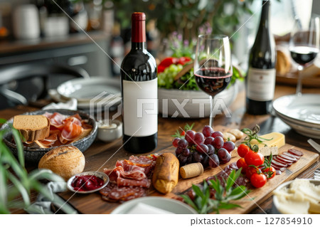 A table with a variety of meats and cheeses, a bottle of wine 127854910