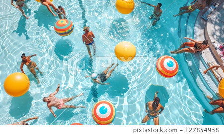 A group of people are enjoying a pool party with pink 127854938
