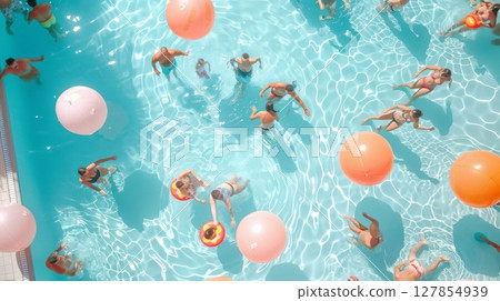 A group of people are enjoying a pool party with pink 127854939