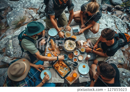 A group of people are gathered around a long table with food and drinks 127855023