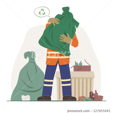 Garbage Collector Man Staff Holding a Big Garbage Bag for Waste Sorting and Recycle Concept Illustration 127855041