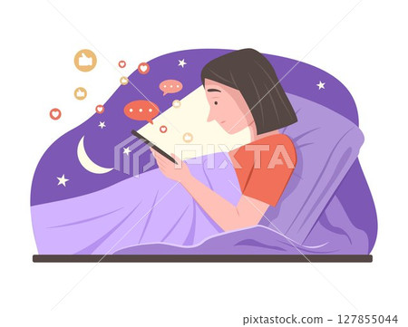 Woman Watching Social Media Content and Chatting on Smartphone Before Sleep at Night for Social Media Addiction and FOMO Concept Illustration 127855044