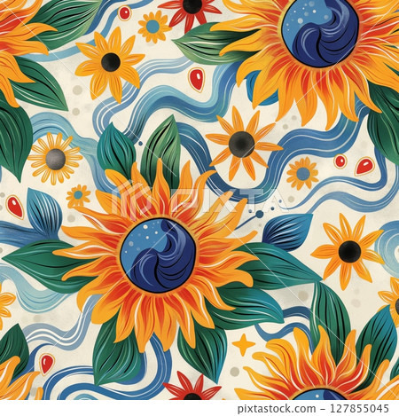 A painting of a field of flowers with a blue river in the background A painting of a field of flowers with a blue river in the background 127855045