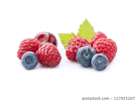 Raspberry and blueberry on white  127855207
