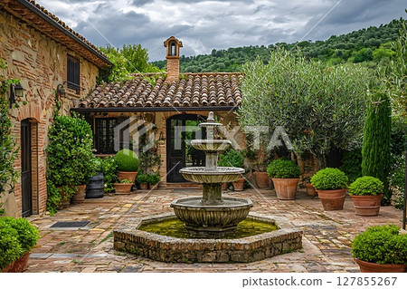 Serene Courtyard Oasis Stone Fountain and Mediterranean Architecture. Serene Courtyard Oasis Stone Fountain and Mediterranean Architecture. 127855267