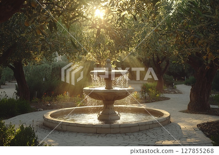 Serene Garden Fountain at Sunset Tranquil Water Feature Surrounded by Olive Trees. 127855268
