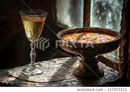 Aromatic Dish and Golden Drink by the Window Still Life Photography. Aromatic Dish and Golden Drink by the Window Still Life Photography. 127855312