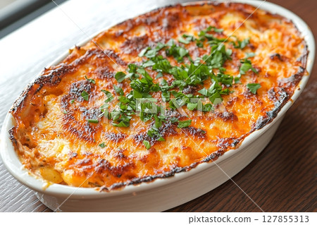 Delicious Baked Pasta Casserole, Garnished with Fresh Herbs. Delicious Baked Pasta Casserole, Garnished with Fresh Herbs. 127855313