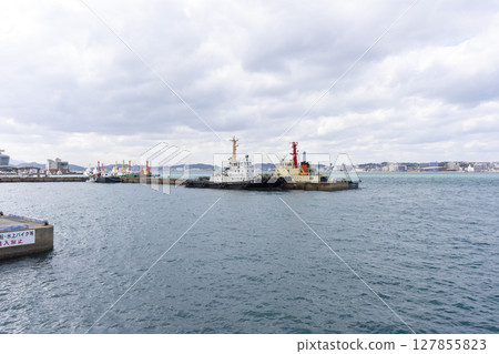 Kitakyushu, Japan - Dec 29,2022 : Landscape view at Mojiko port with blue sky in Kitakyushu, Japan on Dec 29,2022. 127855823