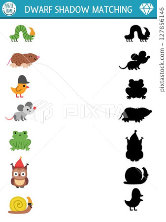 Dwarf shadow matching activity with forest animals and insects. Fairytale puzzle with mole, bird, frog, mouse, snail. Find correct silhouette printable worksheet, game. Magic forest page for kids Dwarf shadow matching activity with forest animals and insects. Fairytale puzzle with mole, bird, frog, mouse, snail. Find correct silhouette printable worksheet, game. Magic forest page for kids 127856146