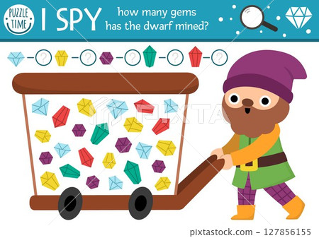 Dwarf I spy game for kids. Searching and counting activity with gnome, crystal, gems in cart. Magic forest printable worksheet for preschool children. Simple woodland spotting puzzle 127856155