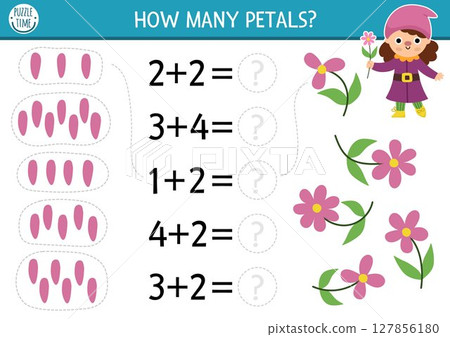 Counting and matching game with cute dwarf girl and petals. Garden gnome math addition activity for preschool kids. Fairytale printable counting worksheet with flowers and forest fairy Counting and matching game with cute dwarf girl and petals. Garden gnome math addition activity for preschool kids. Fairytale printable counting worksheet with flowers and forest fairy 127856180