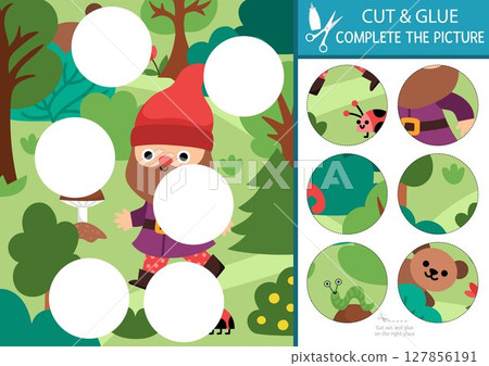 Vector dwarf cut and glue activity. Magic forest crafting game with cute gnome and woodland landscape. Fill up scene with round sticker. Find right piece of puzzle. Complete picture 127856191