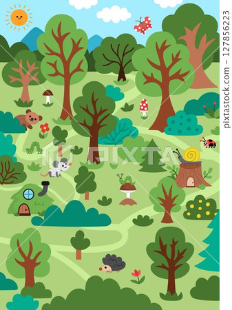 Vector empty forest background. Cute woodland landscape. Nature scene with woods, trees, bushes, path, little houses, animals. Fairytale world or story book illustration for kids with mouse, bear 127856223
