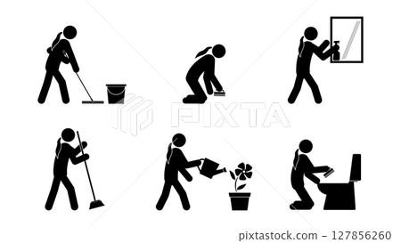 Set of stick figures, cleaning in the bathroom, vector illustration. 127856260