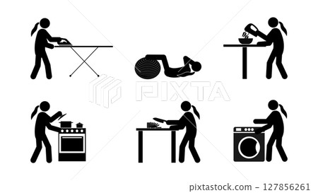 Set of stick figures, cooking and housework, flat vector illustration. 127856261