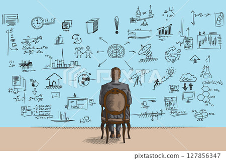 Man in front of a wall with formulas Man in front of a wall with formulas 127856347