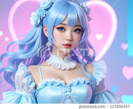 Idol with light blue costume and light blue hair 127856357