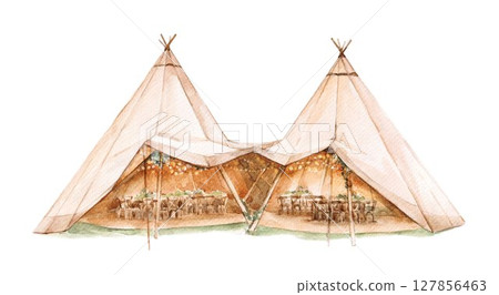 Watercolor wedding tipi tent with fairy lights and rustic decor. Perfect for boho invitations, party designs, camping themes, and nature celebration illustrations. Watercolor wedding tipi tent with fairy lights and rustic decor. Perfect for boho invitations, party designs, camping themes, and nature celebration illustrations. 127856463