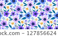 Colorful seamless floral purple blue green pattern with hand-drawn flowers and leaves on white. Ideal for fabric prints, wallpapers, gift wrap, stationery, textile, and spring or summer-themed designs 127856624